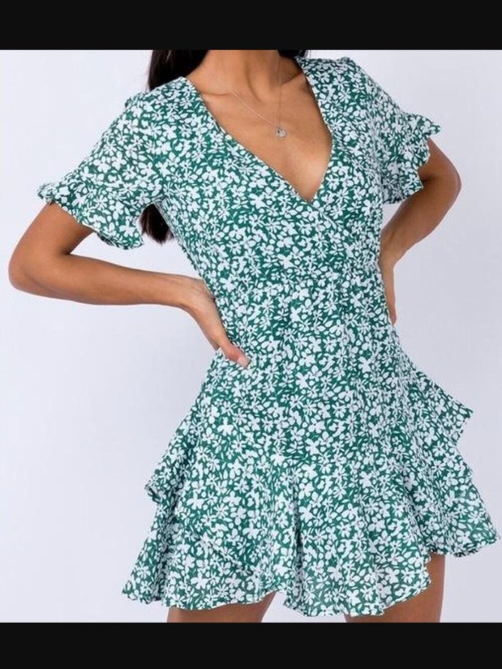 Princess Polly Green Nimmo Floral Ruffle V Neck Mini Faux Wrap Dress size 4